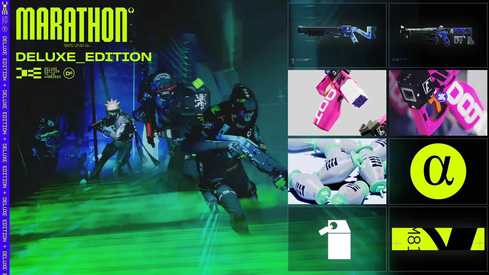 Marathon: Deluxe Edition promo with neon title, armed runners, and weapon thumbnails.