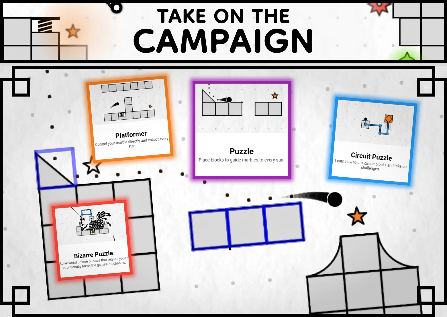 marblebuilds: TAKE ON THE CAMPAIGN menu with Platformer, Puzzle, Circuit Puzzle cards.