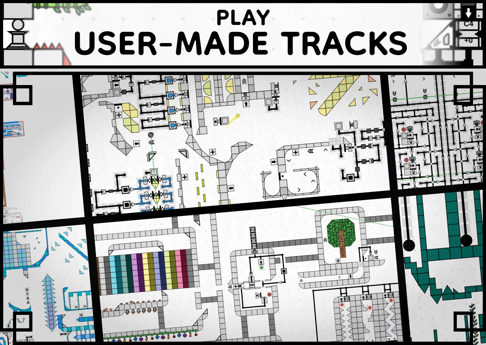marblebuilds: Bold text “PLAY USER-MADE TRACKS” above a grid of track blueprints.