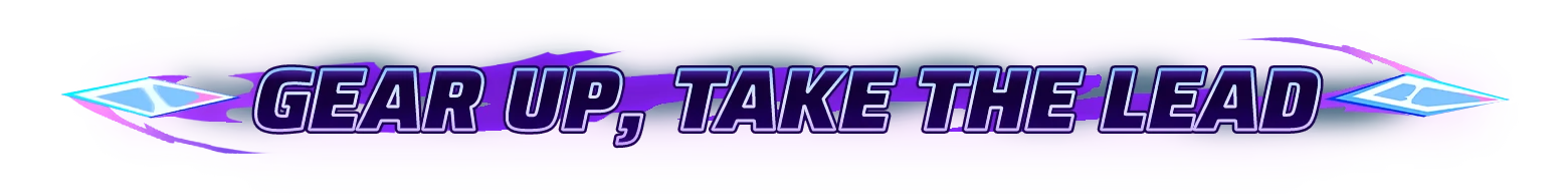 Marked For Mayhem: Purple banner with bold text “GEAR UP, TAKE THE LEAD” and arrows.