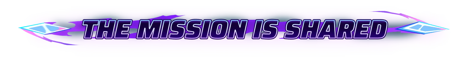 Marked For Mayhem: Purple banner with bold text “THE MISSION IS SHARED” and arrows.