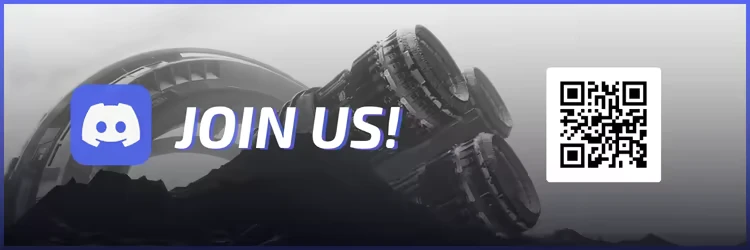 MARS: Discord logo, "JOIN US!" text, QR code, and futuristic structure on a gray background.