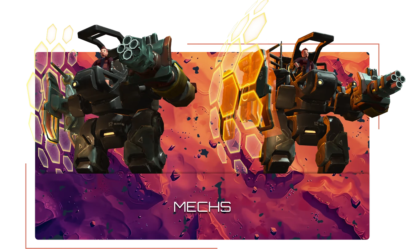 MARS: Two mechs with pilots, hexagonal shields, and a vibrant orange-pink background. Text: MECHS.