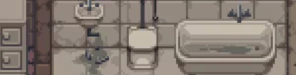 Martial Law: Pixel art bathroom with a sink, toilet, urinal, and tiled walls.