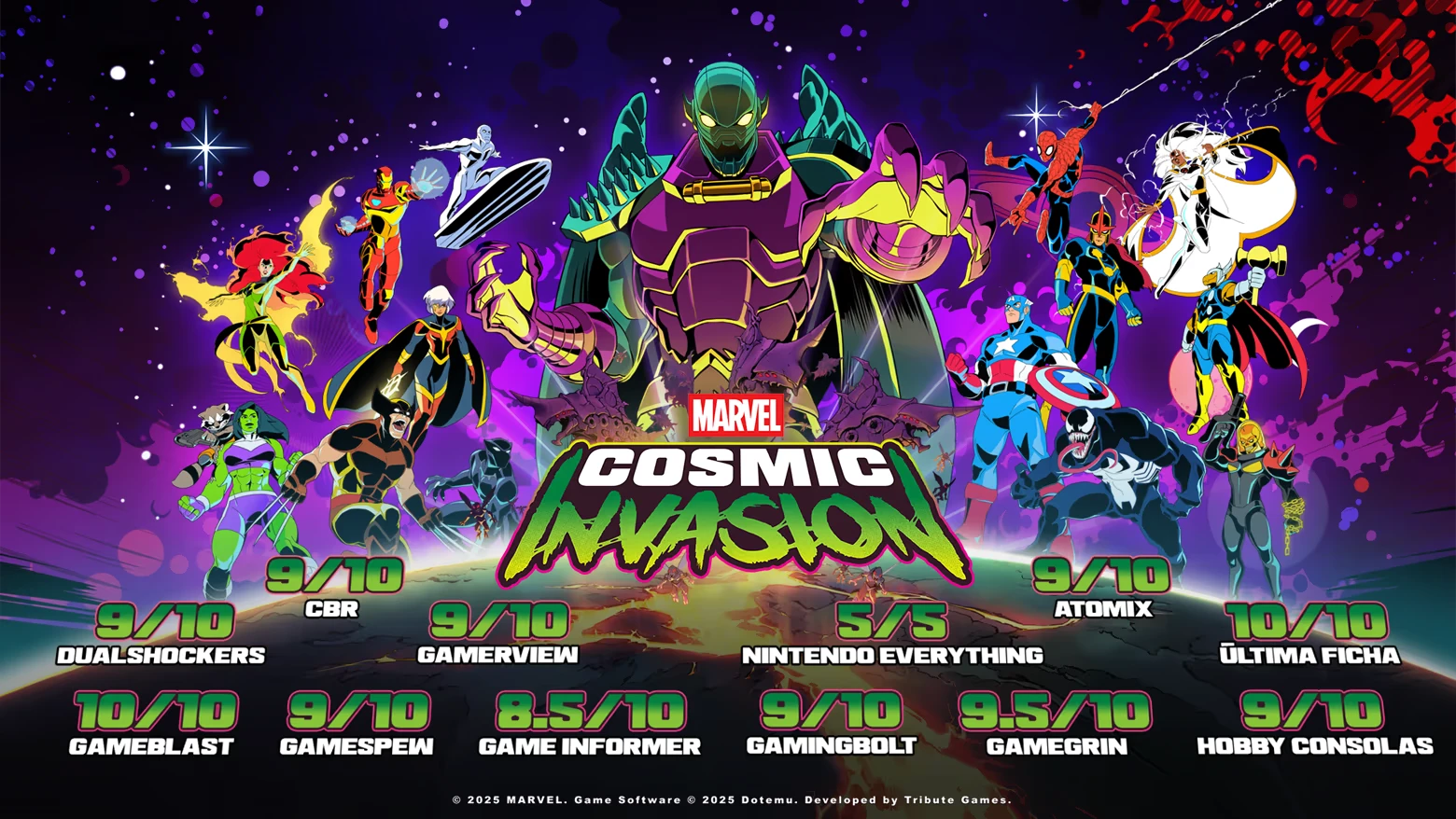 Heroes Assemble – MARVEL Cosmic Invasion MARVEL Cosmic Invasion: Heroes face a giant villain; vibrant cosmic background; game ratings below.
