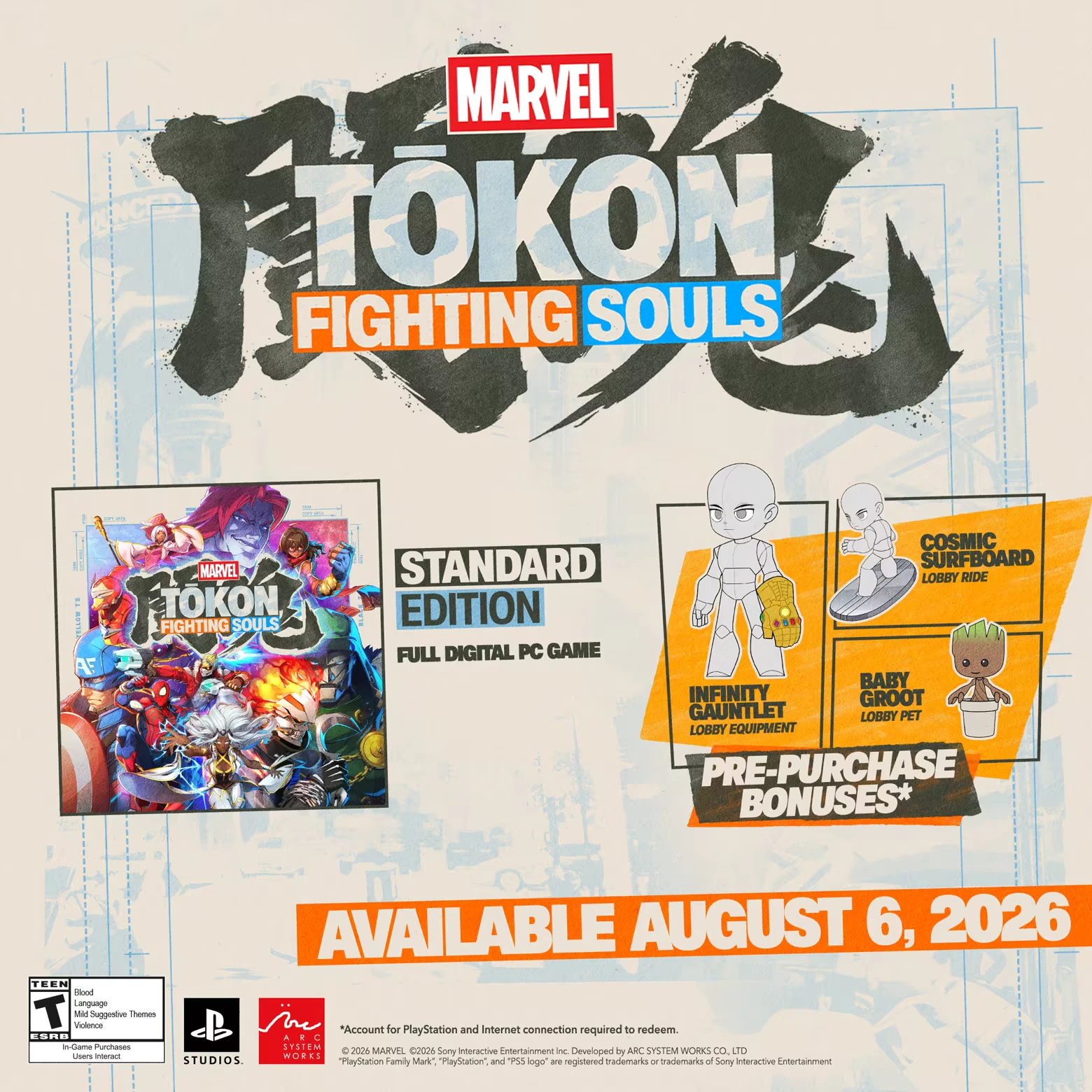 MARVEL Tōkon: Logo with “FIGHTING SOULS” and “AVAILABLE AUGUST 6, 2026” text.