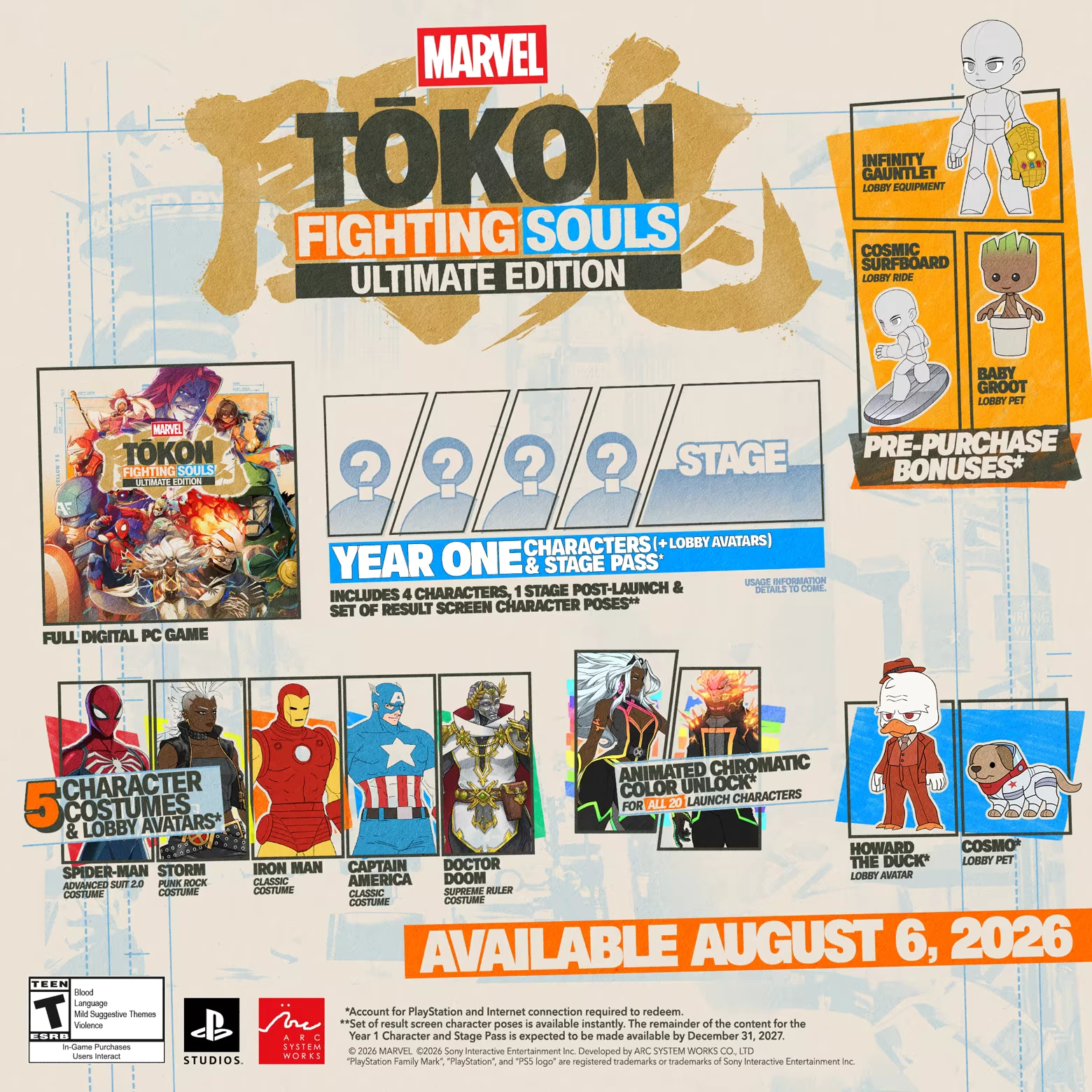 MARVEL Tōkon: Ultimate Edition poster with pre-purchase bonuses and costumes grid.