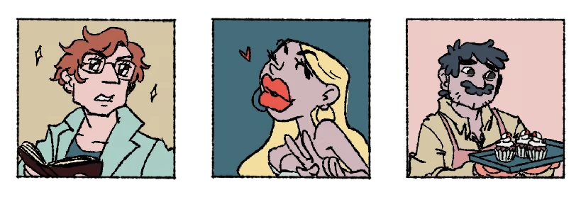 Masc, Mask & Masked: Three comic portraits: bespectacled reader, blonde kissy face, baker with cupcakes.