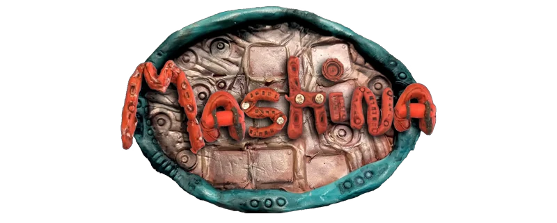 Logo Title Screen – Mashina Mashina: Red clay letters on a textured, metallic background with a teal, circular border.