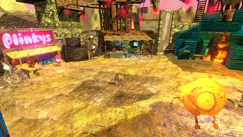 Plinkys Shop – Mashina Mashina: A robot stands on a patterned ground; a neon sign reads "Plinkys" beside speakers.