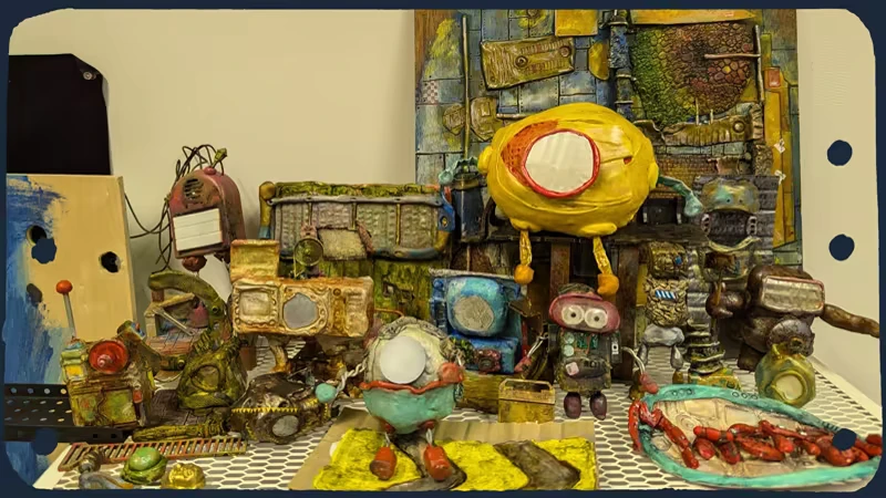 Robot Workshop – Mashina Mashina: Colorful stop-motion robots and machinery in a detailed, textured workshop setting.