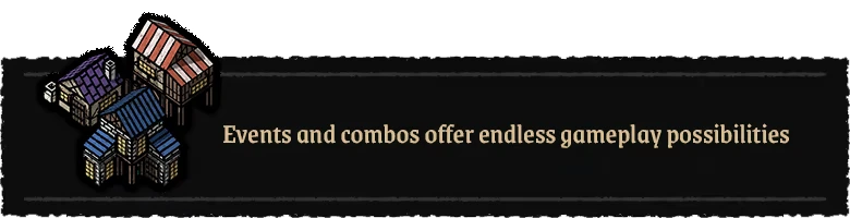 Master of Piece: Three colorful houses above text, "Events and combos offer endless gameplay possibilities."