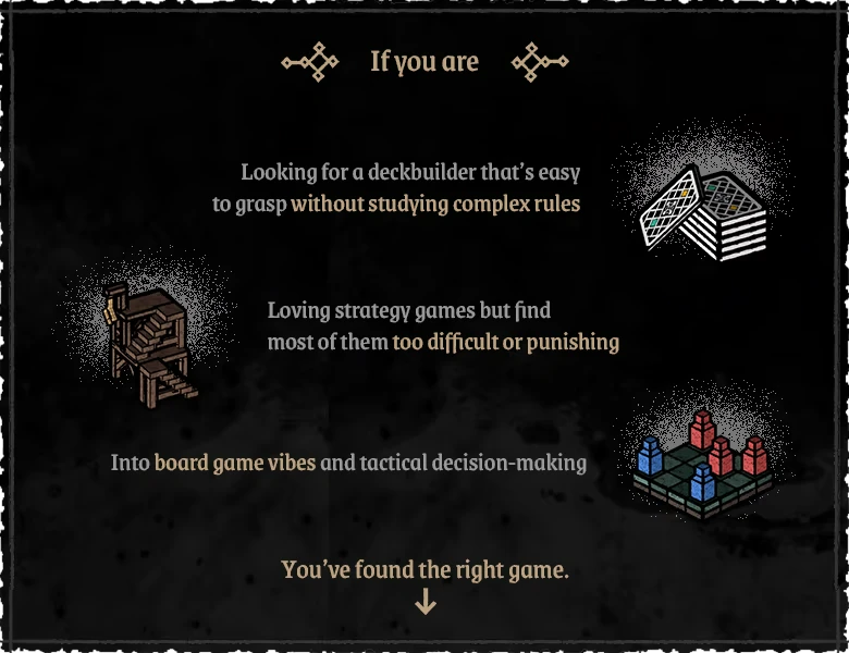 Master of Piece: Text with icons of a chair, card stack, and board game pieces on a dark background.