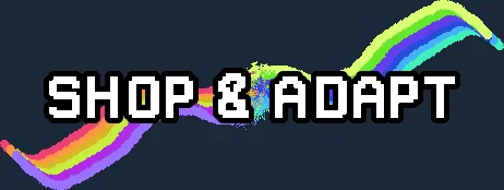 Shop Adapt Title – MataOno MataOno: Pixel text “SHOP & ADAPT” with rainbow paint streaks on dark background.
