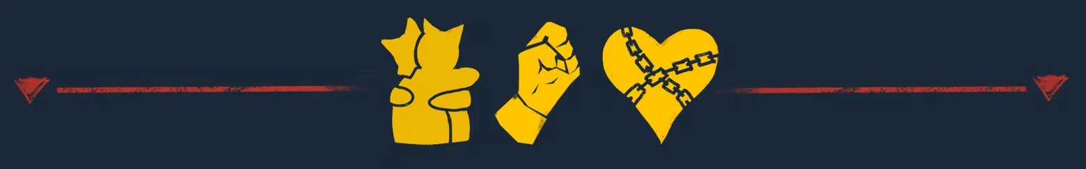 MAW: Yellow wolf, fist, and chained heart icons on dark background with red lines and triangles.