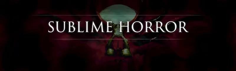 Sublime Horror Title – Meat Engine Meat Engine: White serif text “SUBLIME HORROR” over red background and hourglass shape.