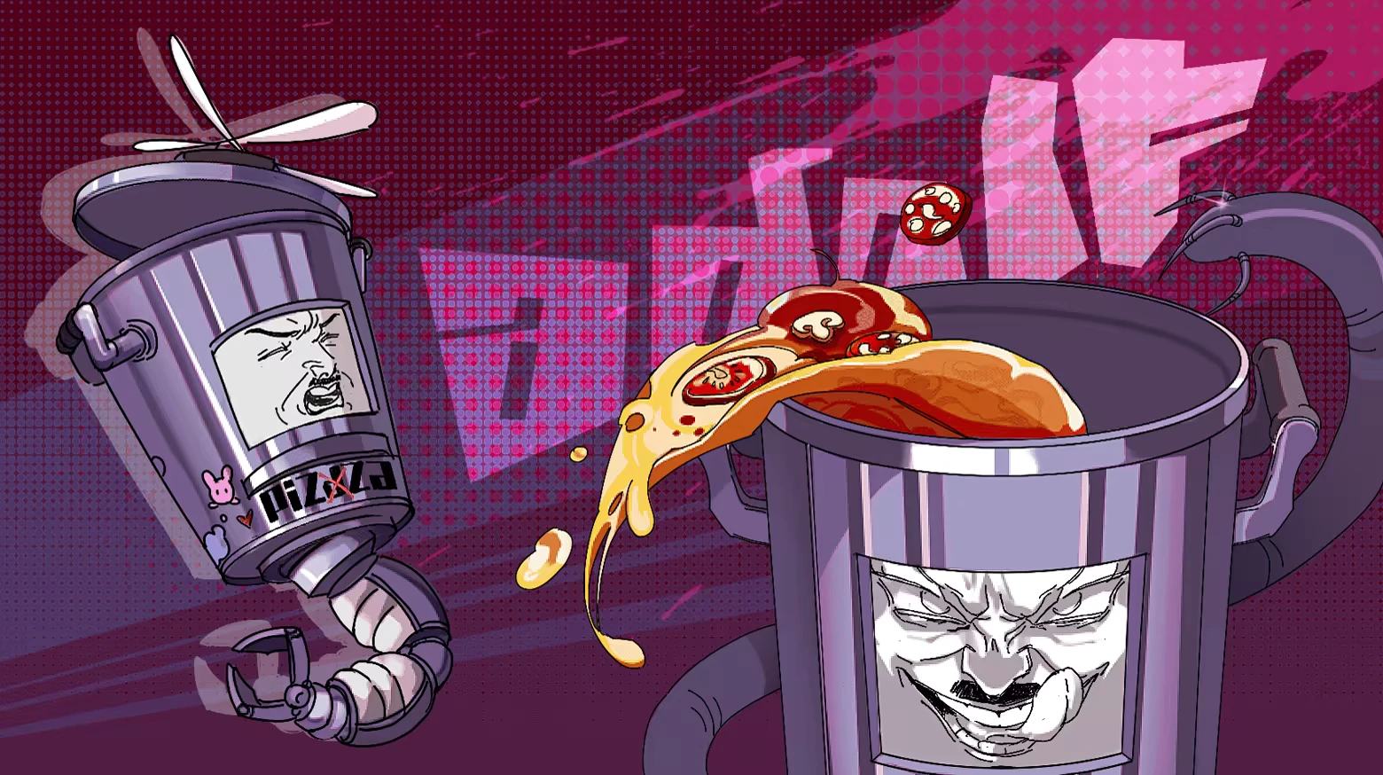 Angry Blender Fight – MEAT-GRINDER MEAT-GRINDER: Cartoon trash cans with faces; one spills pizza; pink “FIGHT” text backdrop.