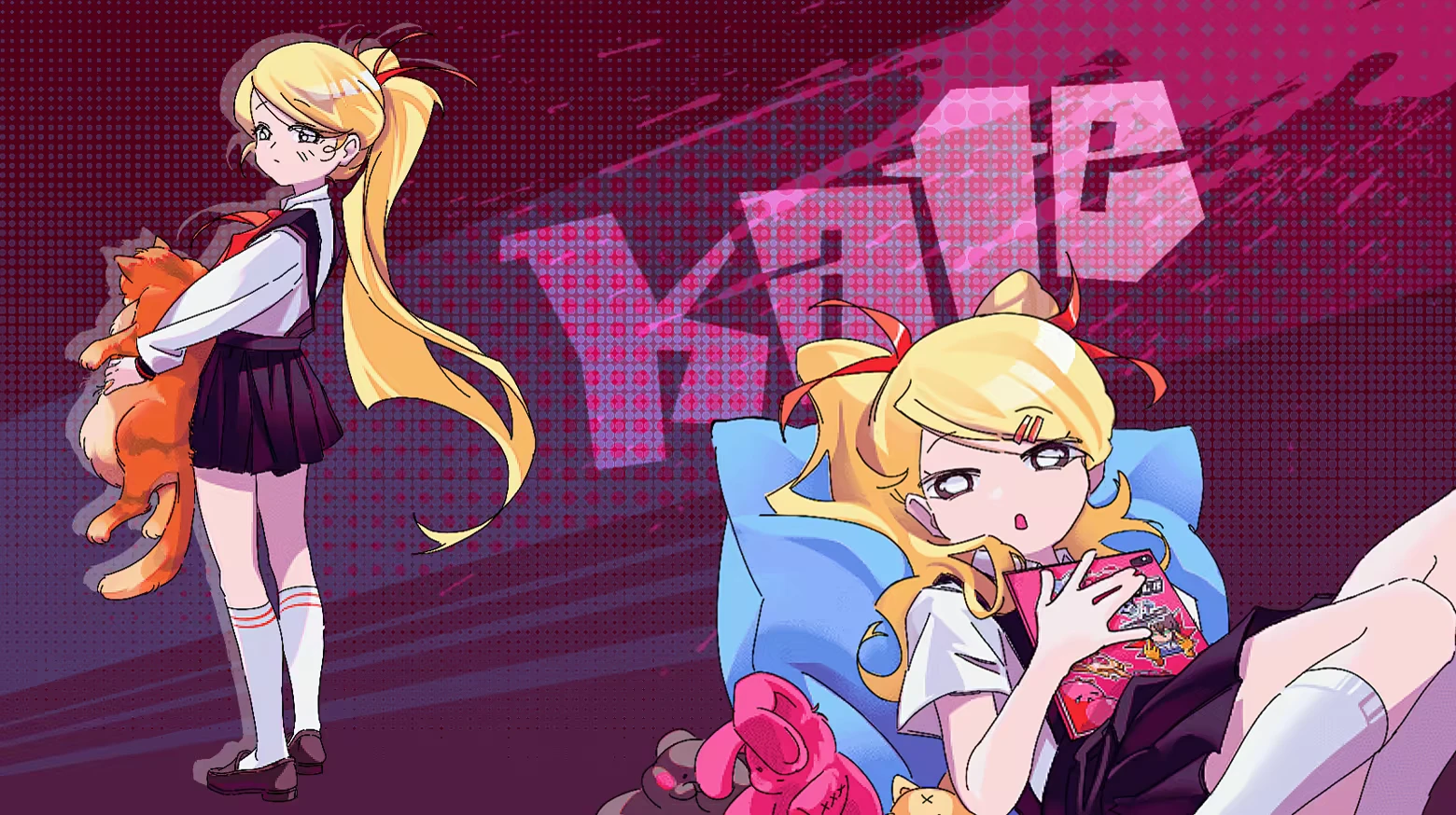 Blonde Schoolgirl Artwork – MEAT-GRINDER MEAT-GRINDER: Blonde schoolgirl holds orange cat; another lounges reading manga, “Yandere” text behind.