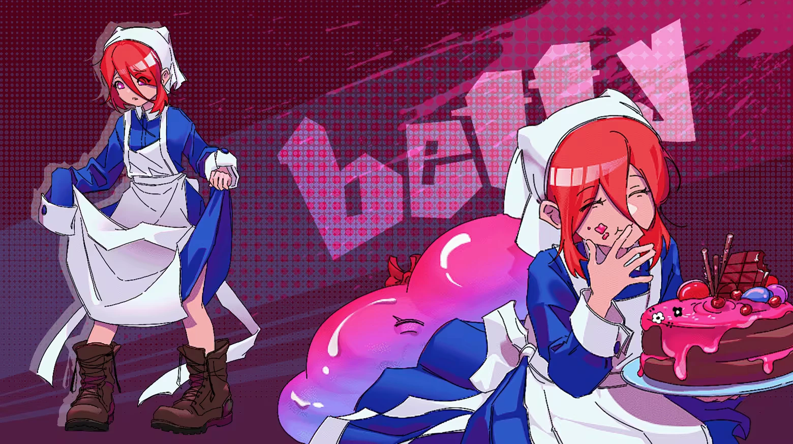 Maid Cake Tease – MEAT-GRINDER MEAT-GRINDER: Red-haired maid with cake; pink “Obi” text on dotted magenta background.