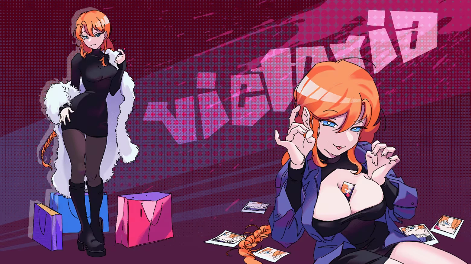 Orange Haired Pinup – MEAT-GRINDER MEAT-GRINDER: Orange-haired woman in black dress; pink “meatgrinder” text on red background.