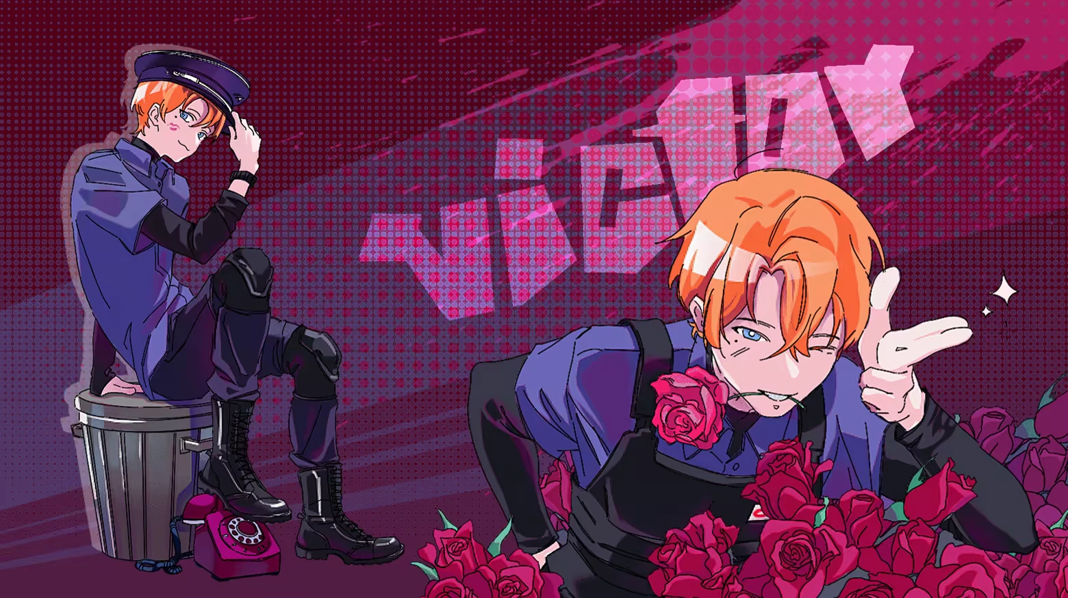 Rose Hitman Pose – MEAT-GRINDER MEAT-GRINDER: Orange-haired officer winks with finger gun; sits on trash can, roses, pink logo text.
