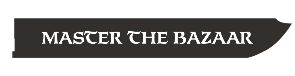 Medieval Market Simulator: White serif text “MASTER THE BAZAAR” on dark banner.