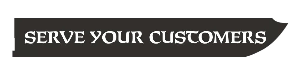 Medieval Market Simulator: White serif text “SERVE YOUR CUSTOMERS” on dark banner.