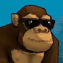 Megabonk: Pixelated monkey wearing sunglasses against a blue background.