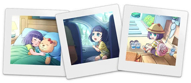 Memento Dawn: Three polaroids show a girl with a teddy, in a car, and ready for adventure.