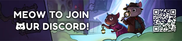 Meowstery Wisp: “MEOW TO JOIN UR DISCORD!” text, two cat detectives, QR code.
