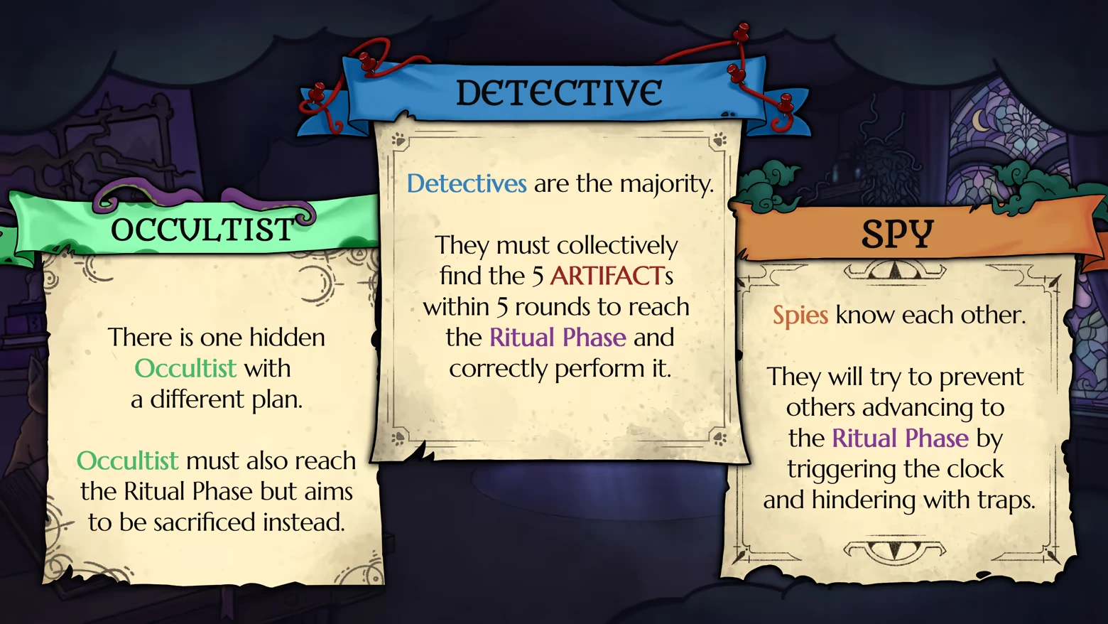 Meowstery Wisp: Three parchment role cards labeled Occultist, Detective, Spy with text.