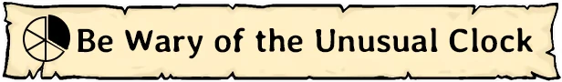 Meowstery Wisp: Beige torn banner with pie icon and text “Be Wary of the Unusual Clock”.