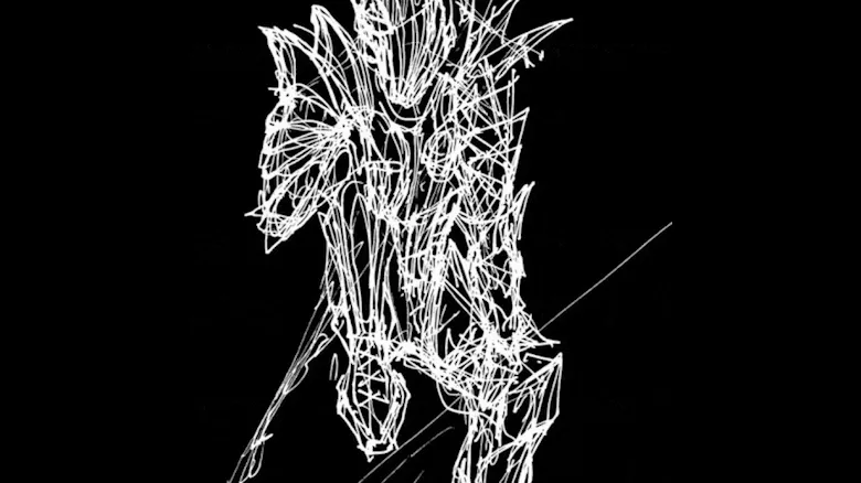 Mercy Incore: White sketchy line-art of an armored figure on a black background.