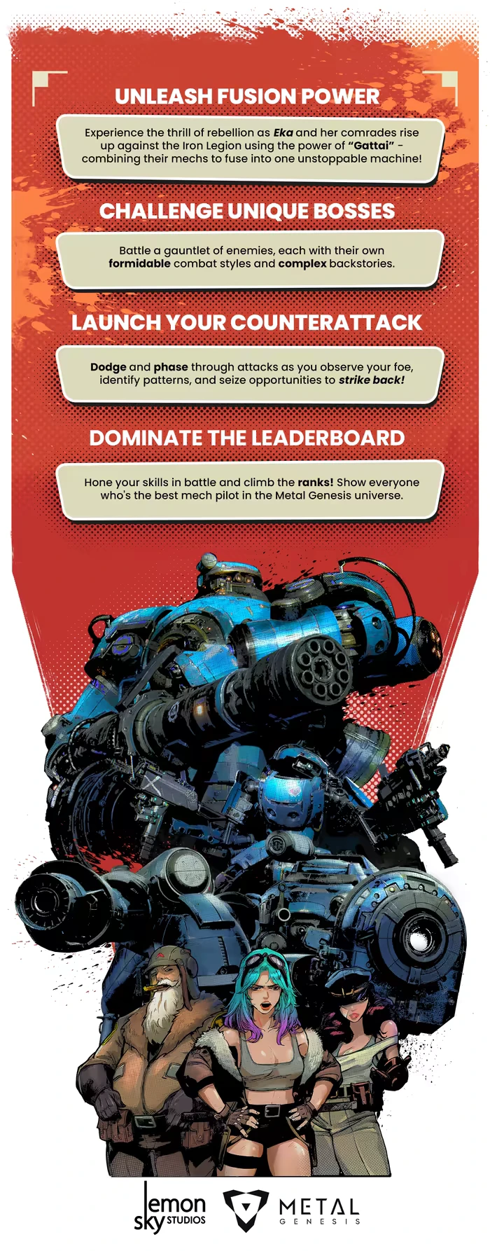 Fusion Power – Metal Genesis: Rogue Regime Metal Genesis: Text highlights fusion power, bosses, counterattacks, leaderboard; mech and pilots below.