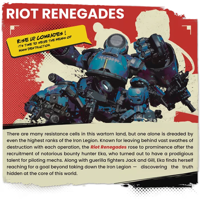 Riot Renegades – Metal Genesis: Rogue Regime Metal Genesis: Blue mech with guns, "RIOT RENEGADES" text, yellow speech bubble, red background.