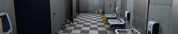 Metrophobia: Grimy restroom with checkered floor, sinks, soap dispensers, and wet floor signs.