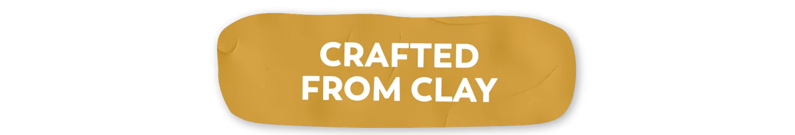 Mewts: Text "CRAFTED FROM CLAY" in bold white on a textured, clay-like brown background.