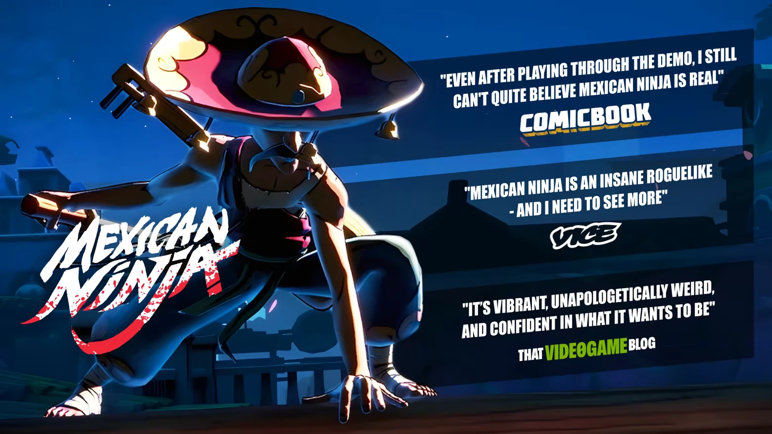 Mexican Ninja: A crouching figure in a sombrero, with bold text reviews from Comicbook, Vice, and a blog.