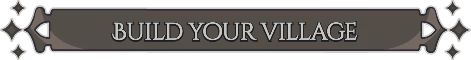 Midgardr: Banner with bold text “BUILD YOUR VILLAGE” and arrow icons on sides.