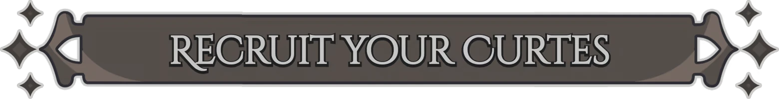 Midgardr: Banner reading “RECRUIT YOUR CURTES” in large serif letters with arrows.