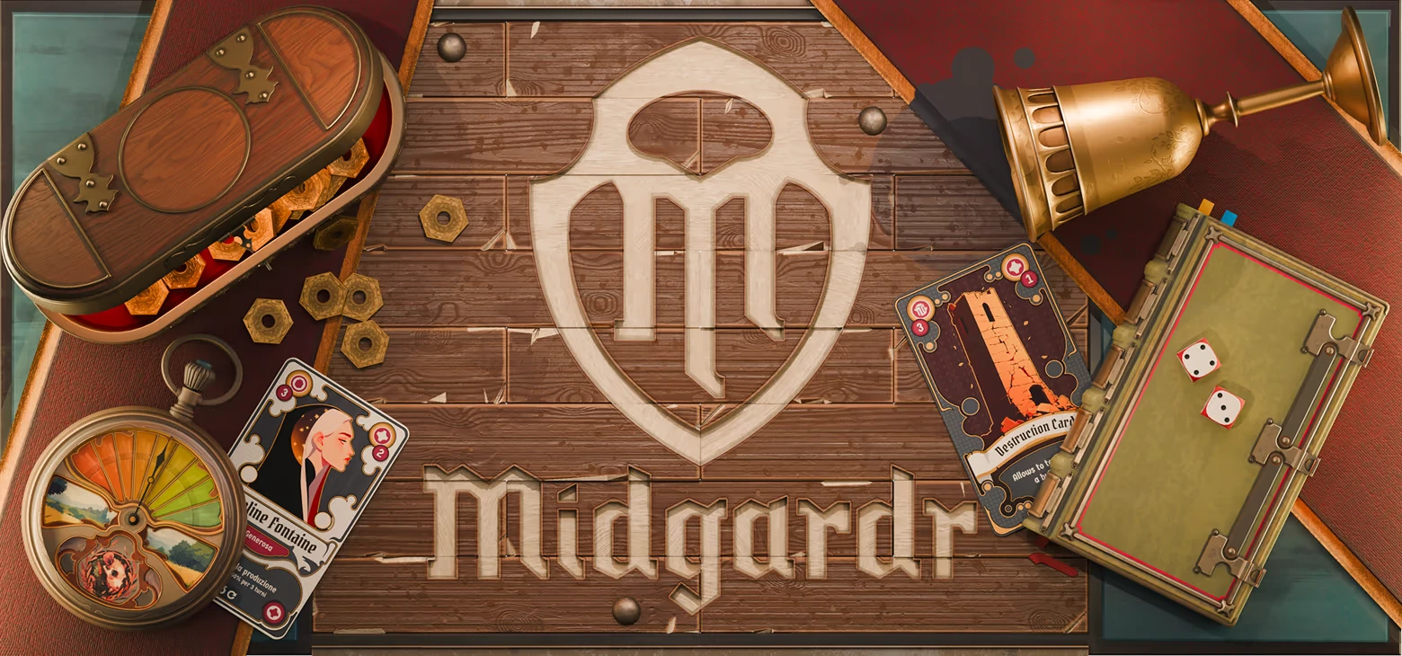 Midgardr: Wooden board with Midgardr logo, cards, dice tray, compass, coins, horn.