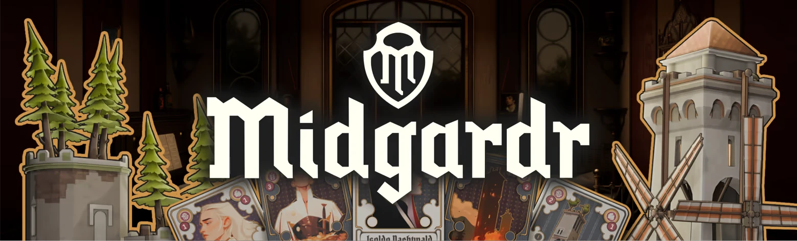 Midgardr: White gothic Midgardr logo over cards, trees, castle wall, windmill tower.