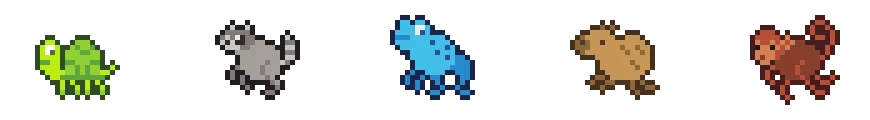 Mimic Meadows: Five pixel animals on black: green, gray, blue, tan, and red sprites.