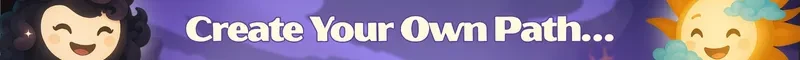 Mind Split: Smiling sun and moon characters with "Create Your Own Path..." in bold white text.