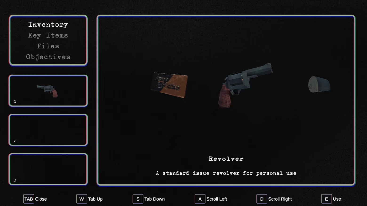 Mindscorn: Inventory screen showing a revolver, ammo, and controls with descriptive text.
