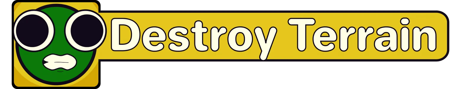 Miney Golf: Yellow banner with green face icon and white text “Destroy Terrain”.