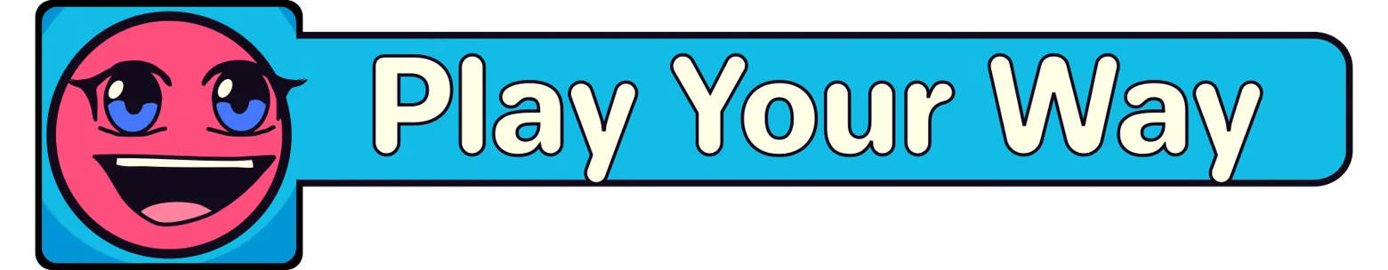 Miney Golf: Pink smiling face icon beside bold white text “Play Your Way”.