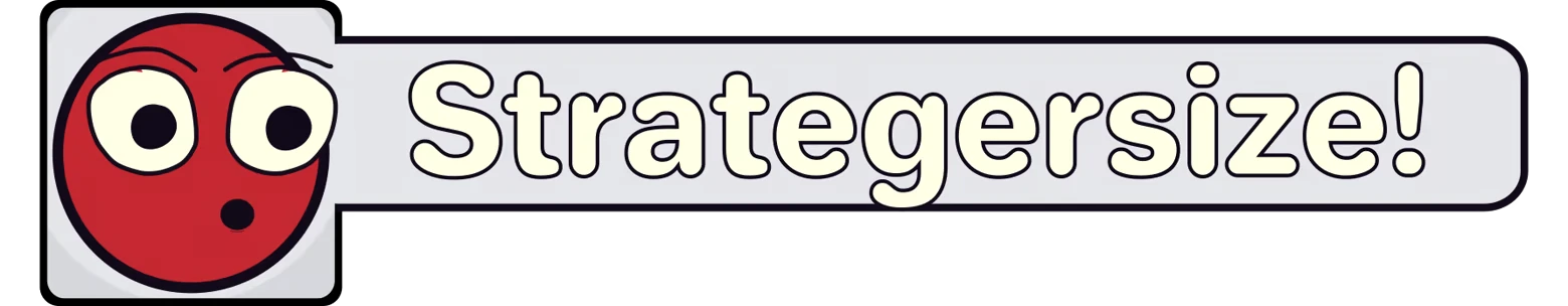 Miney Golf: Red wide-eyed face icon beside large outlined text “Strategersize!”.