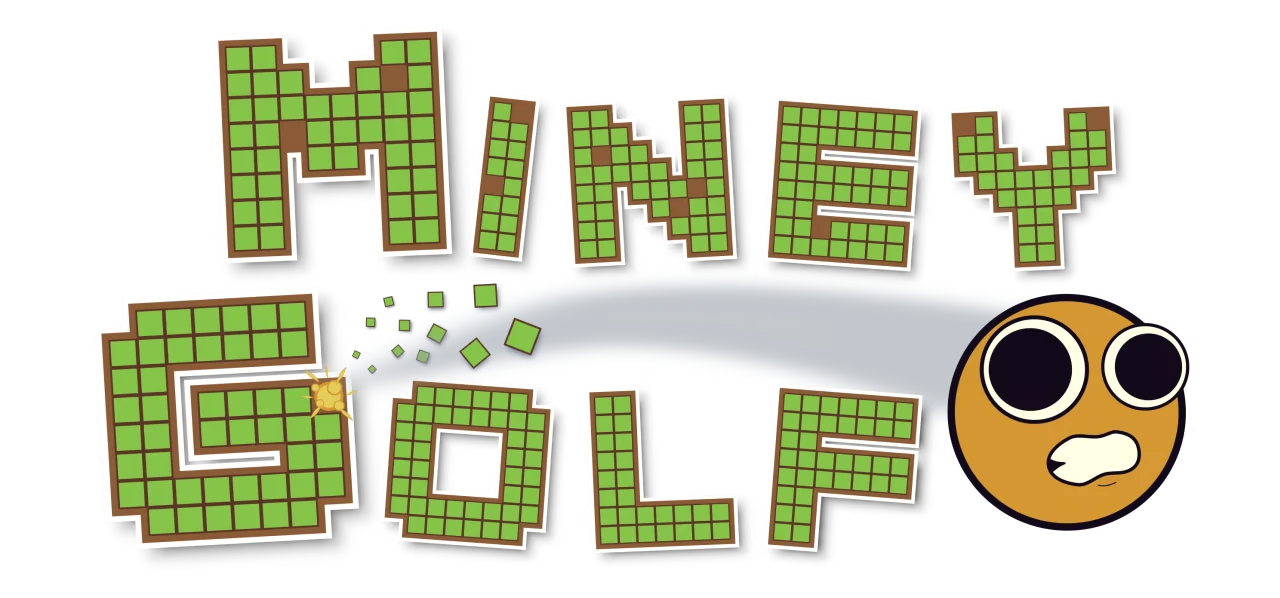 Miney Golf: Green tiled title text with gray arc and wide-eyed yellow golf ball icon.