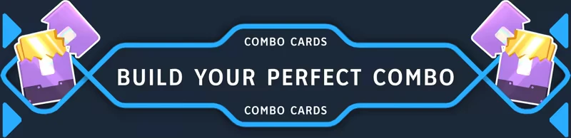 Mini Tank Mayhem: Blue frame with "BUILD YOUR PERFECT COMBO" text, flanked by purple cards.